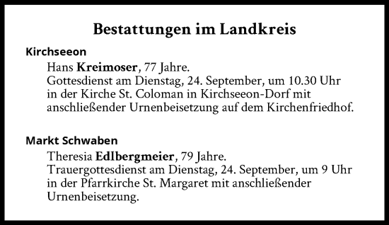 Traueranzeige von Bestattungen vom 24.09.2024 von Süddeutsche Zeitung