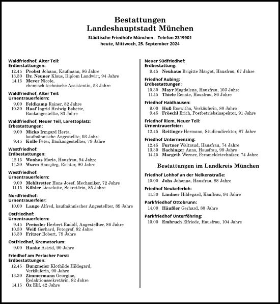 Traueranzeige von Bestattungen vom 25.09.2024 von Süddeutsche Zeitung
