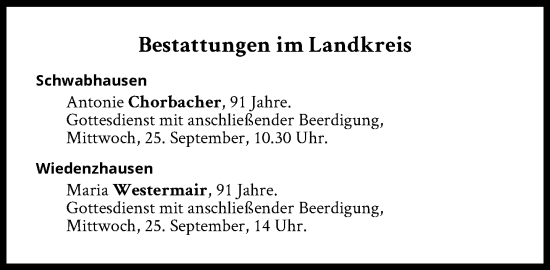 Traueranzeige von Bestattungen vom 25.09.2024 von Süddeutsche Zeitung