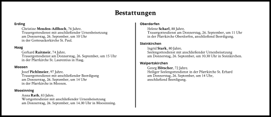 Traueranzeige von Bestattungen vom 26.09.2024 von Süddeutsche Zeitung