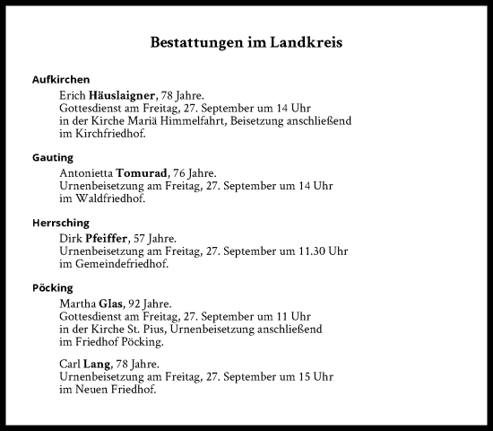 Traueranzeige von Bestattungen vom 27.09.2024 von Süddeutsche Zeitung