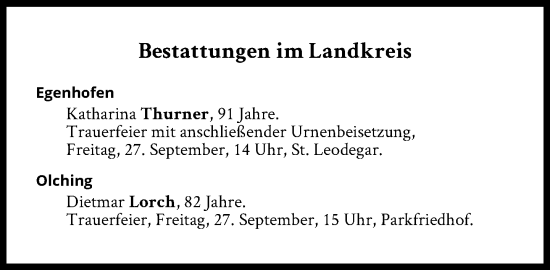 Traueranzeige von Bestattungen vom 27.09.2024 von Süddeutsche Zeitung