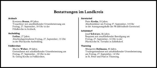 Traueranzeige von Bestattungen vom 27.09.2024 von Süddeutsche Zeitung