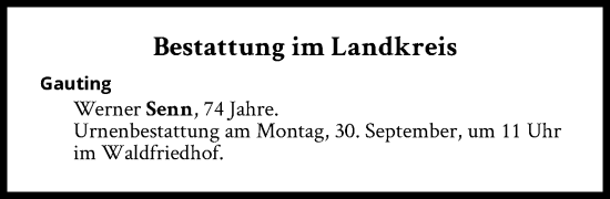 Traueranzeige von Bestattungen vom 30.09.2024 von Süddeutsche Zeitung