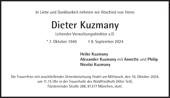 Traueranzeige von Dieter Kuzmany von Süddeutsche Zeitung