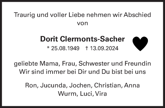 Traueranzeige von Dorit Clermonts-Sacher von Süddeutsche Zeitung