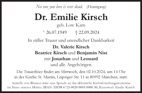 Traueranzeige von Emilie Kirsch von Süddeutsche Zeitung