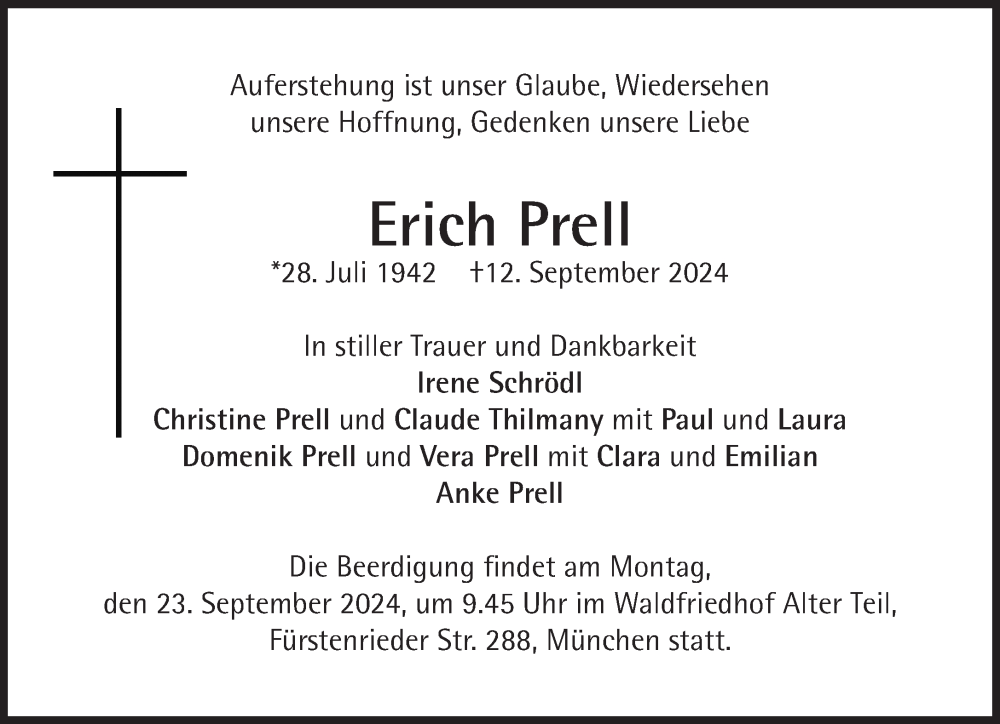  Traueranzeige für Erich Prell vom 18.09.2024 aus Süddeutsche Zeitung