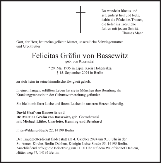 Traueranzeige von Felicitas Gräfin von Bassewitz von Süddeutsche Zeitung