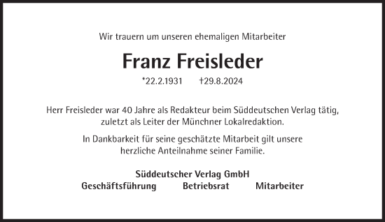 Traueranzeige von Franz Freisleder von Süddeutsche Zeitung