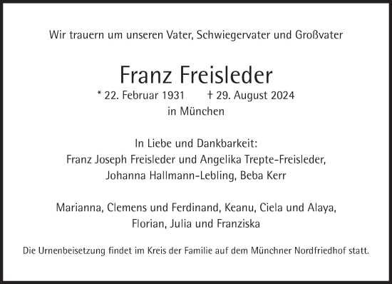 Traueranzeige von Franz Freisleder von Süddeutsche Zeitung