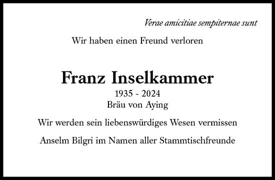 Traueranzeige von Franz Inselkammer von Süddeutsche Zeitung