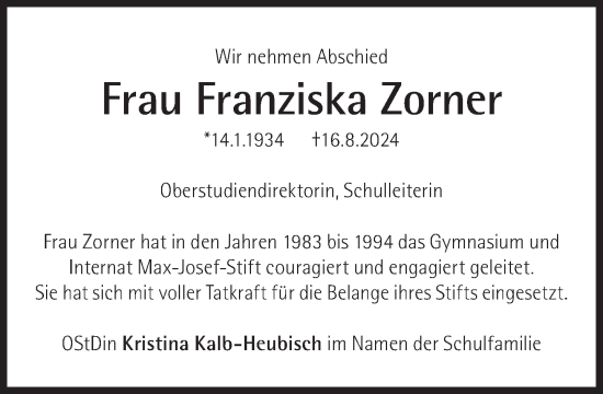 Traueranzeige von Franziska Zorner von Süddeutsche Zeitung