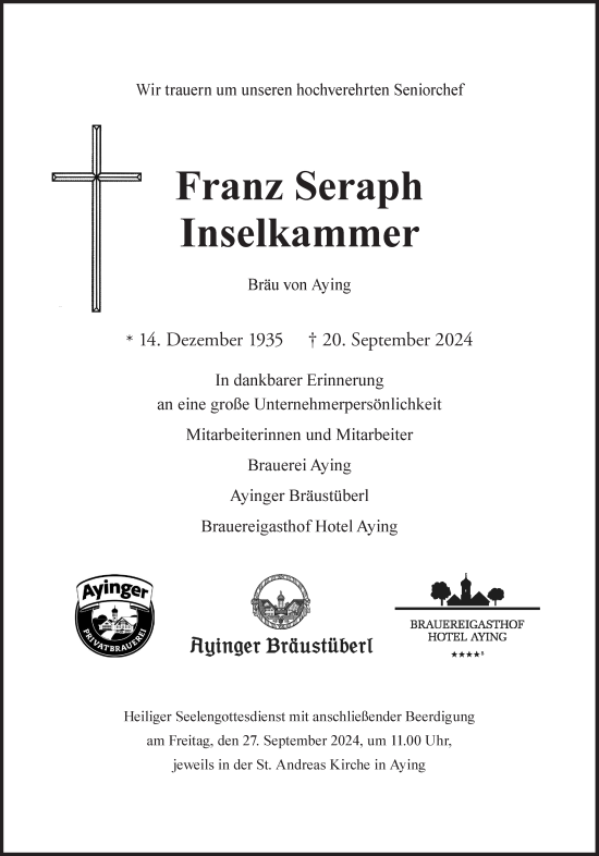 Traueranzeige von Franz Seraph Inselkammer von Süddeutsche Zeitung