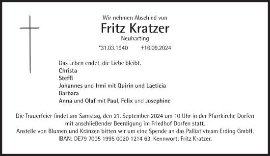 Traueranzeige von Fritz Kratzer von Süddeutsche Zeitung