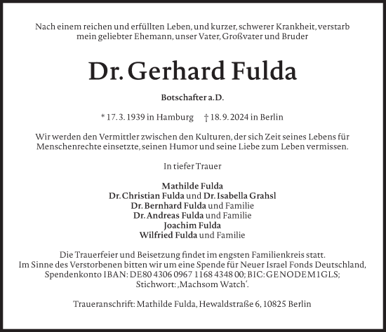 Traueranzeige von Gerhard Fulda von Süddeutsche Zeitung