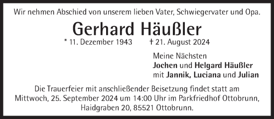 Traueranzeige von Gerhard Häußler von Süddeutsche Zeitung