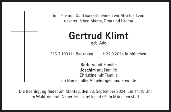 Traueranzeige von Gertrud Klimt von Süddeutsche Zeitung