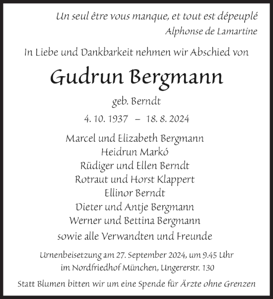 Traueranzeige von Gudrun Bergmann von Süddeutsche Zeitung