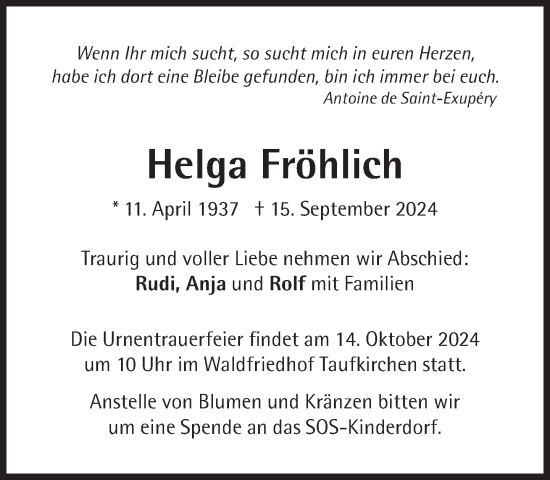 Traueranzeige von Helga Fröhlich von Süddeutsche Zeitung