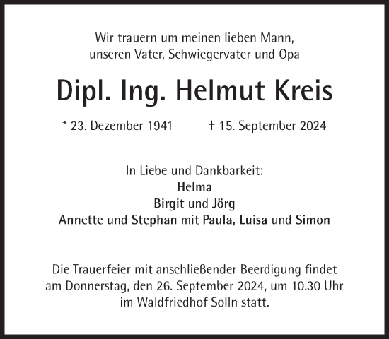 Traueranzeige von Helmut Kreis von Süddeutsche Zeitung