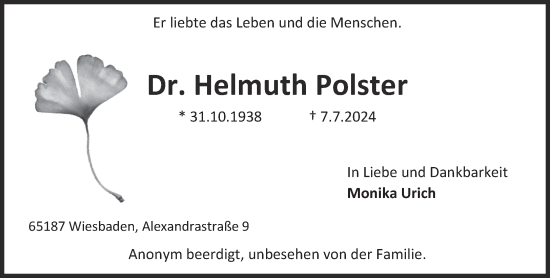 Traueranzeige von Helmuth Polster von Süddeutsche Zeitung