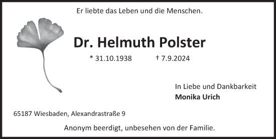 Traueranzeige von Helmuth Polster von Süddeutsche Zeitung