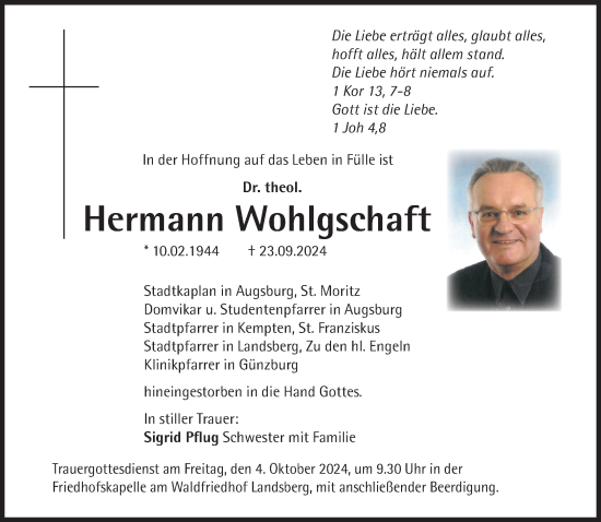 Traueranzeige von Hermann Wohlgschaft von Süddeutsche Zeitung