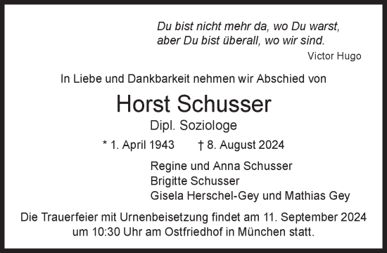 Traueranzeige von Horst Schusser von Süddeutsche Zeitung