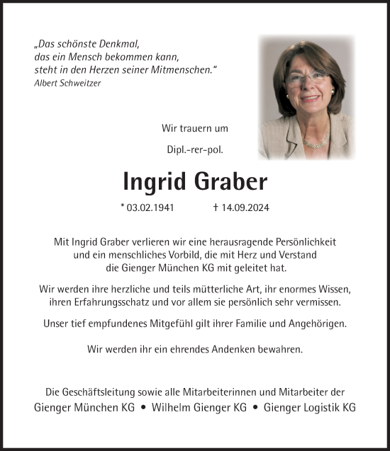 Traueranzeige von Ingrid Graber von Süddeutsche Zeitung