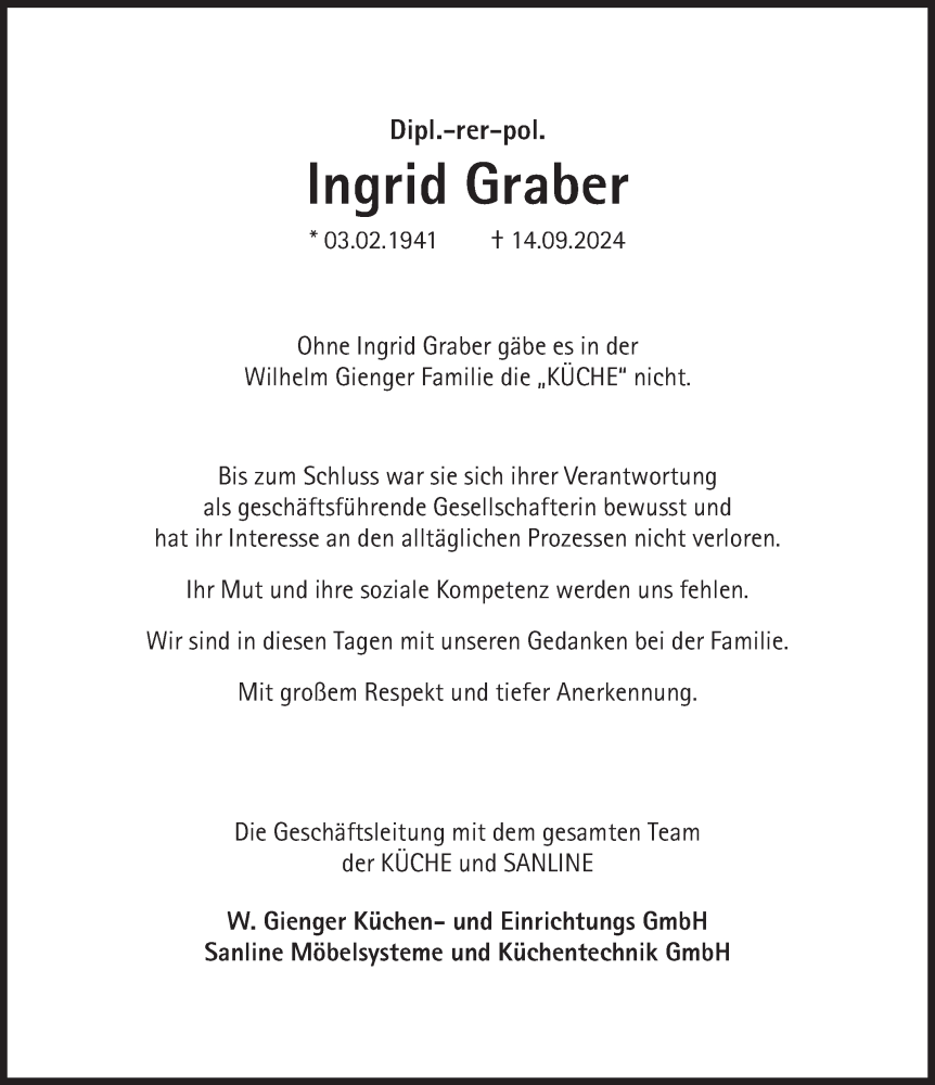  Traueranzeige für Ingrid Graber vom 21.09.2024 aus Süddeutsche Zeitung