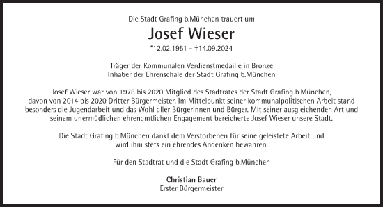 Traueranzeige von Josef Wieser von Süddeutsche Zeitung