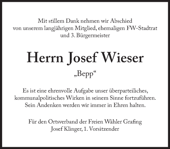 Traueranzeige von Josef Wieser von Süddeutsche Zeitung