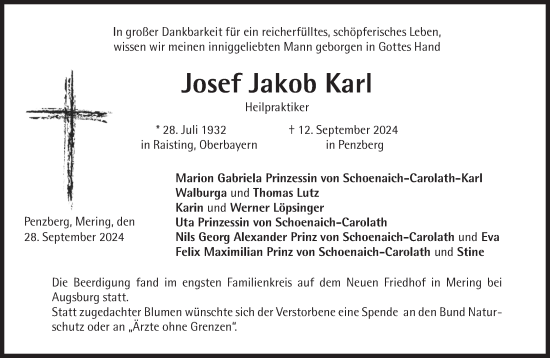 Traueranzeige von Josef Jakob Karl von Süddeutsche Zeitung