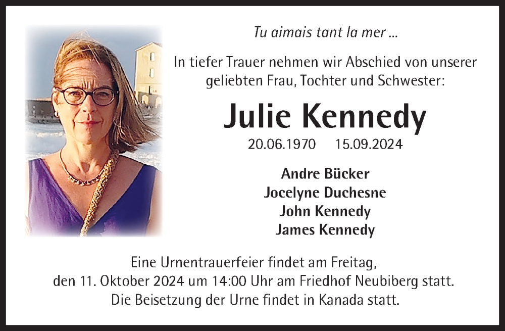  Traueranzeige für Julie Kennedy vom 21.09.2024 aus Süddeutsche Zeitung