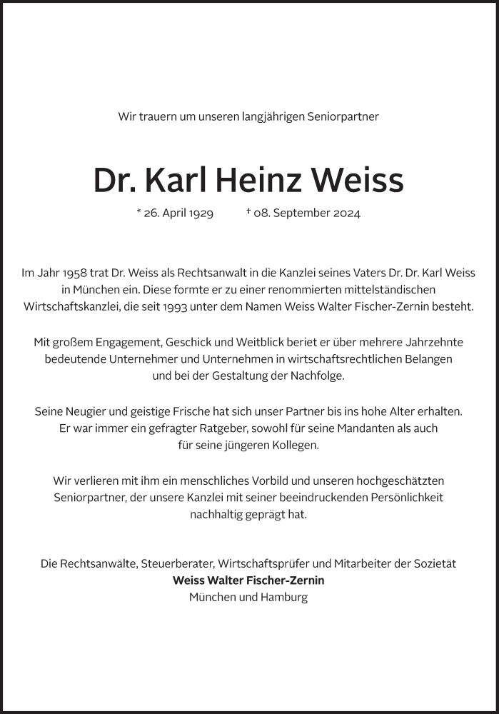  Traueranzeige für Karl Heinz Weiss vom 14.09.2024 aus Süddeutsche Zeitung