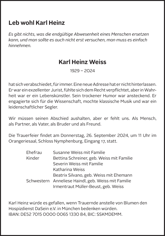  Traueranzeige für Karl Heinz Weiss vom 14.09.2024 aus Süddeutsche Zeitung