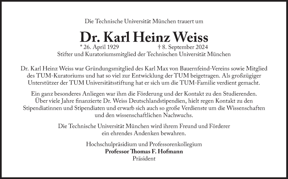  Traueranzeige für Karl Heinz Weiss vom 14.09.2024 aus Süddeutsche Zeitung