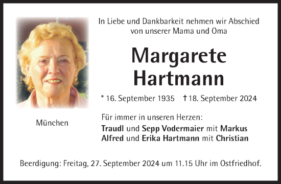 Traueranzeige von Margarete Hartmann von Süddeutsche Zeitung