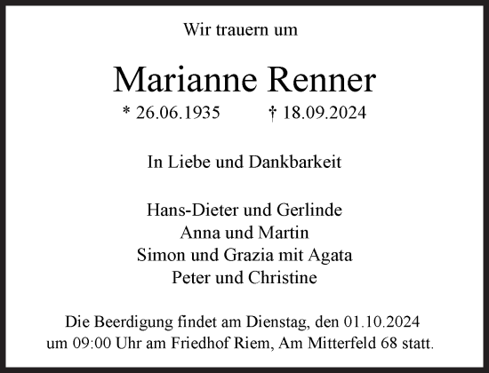 Traueranzeige von Marianne Renner von Süddeutsche Zeitung