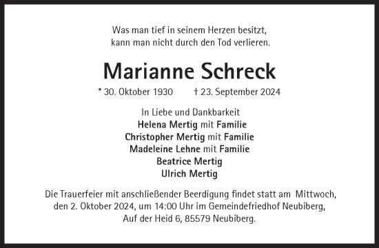 Traueranzeige von Marianne Schreck von Süddeutsche Zeitung