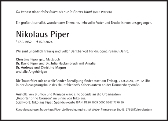 Traueranzeige von Nikolaus Piper von Süddeutsche Zeitung