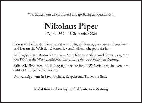 Traueranzeige von Nikolaus Piper von Süddeutsche Zeitung