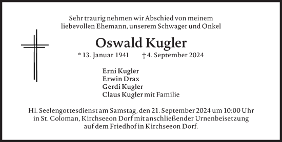 Traueranzeige von Oswald Kugler von Süddeutsche Zeitung