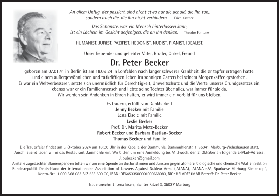 Traueranzeige von Peter Becker von Süddeutsche Zeitung