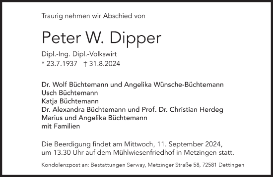 Traueranzeige von Peter Dipper von Süddeutsche Zeitung