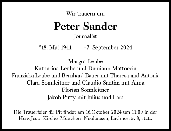 Traueranzeige von Peter Sander von Süddeutsche Zeitung