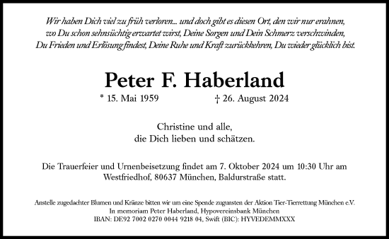 Traueranzeige von Peter F. Haberland von Süddeutsche Zeitung