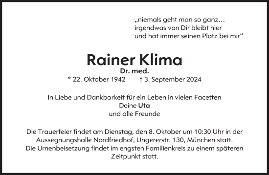 Traueranzeige von Rainer Klima von Süddeutsche Zeitung