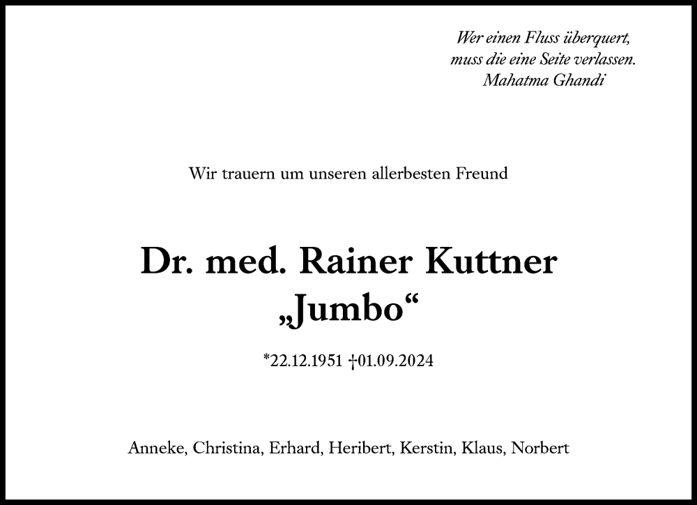  Traueranzeige für Rainer Kuttner vom 07.09.2024 aus Süddeutsche Zeitung